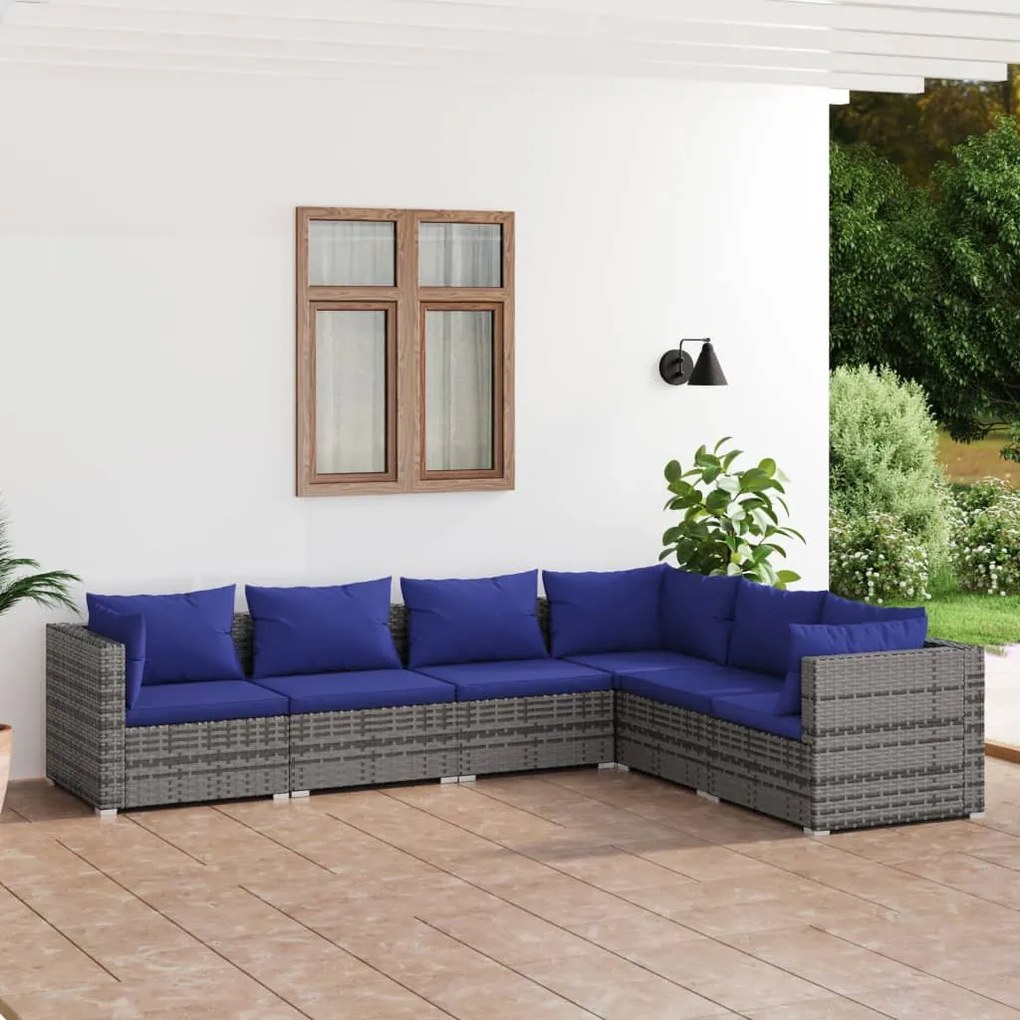 6 pcs conjunto lounge de jardim c/ almofadões vime PE cinzento