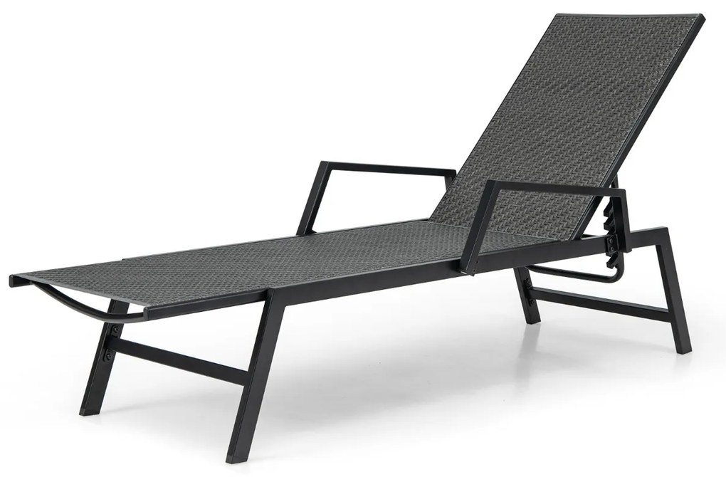 Espreguiçadeira jardim de rattan Cadeira reclinável em vime PE tecido com braços Encosto com 5 posições Estrutura metálica para pátio Castanho e Preto