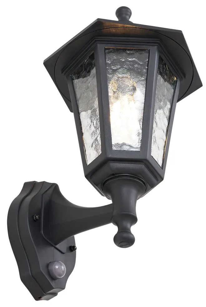 Candeeiro de Parede Exterior Preto com Sensor de Movimento IP44 - New Haven Hammered Clássico / Antigo