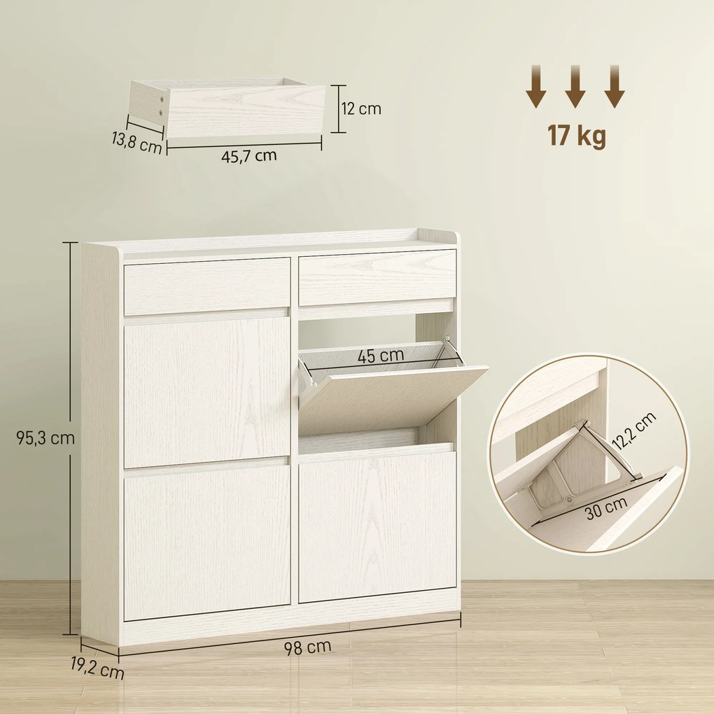 Sapateira com capacidade para 8 pares 98 x 19,2 x 95,3 cm, com 2 gavetas deslizantes e 4 gavetas basculantes, branco