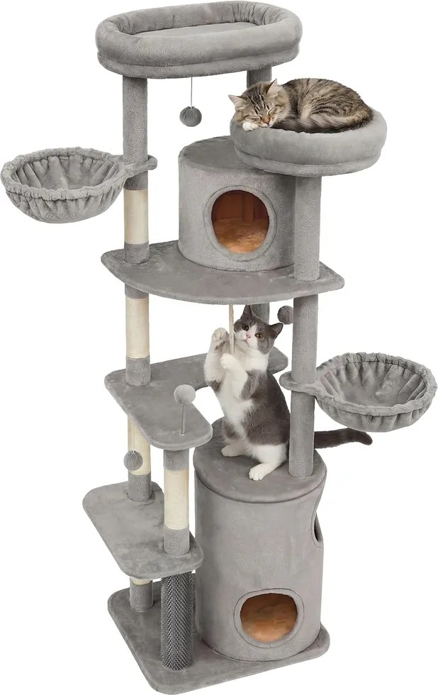 Arranhador para gatos 55 x 60 x 196 cm, árvore com vários níveis, com plataformas cinzento claro