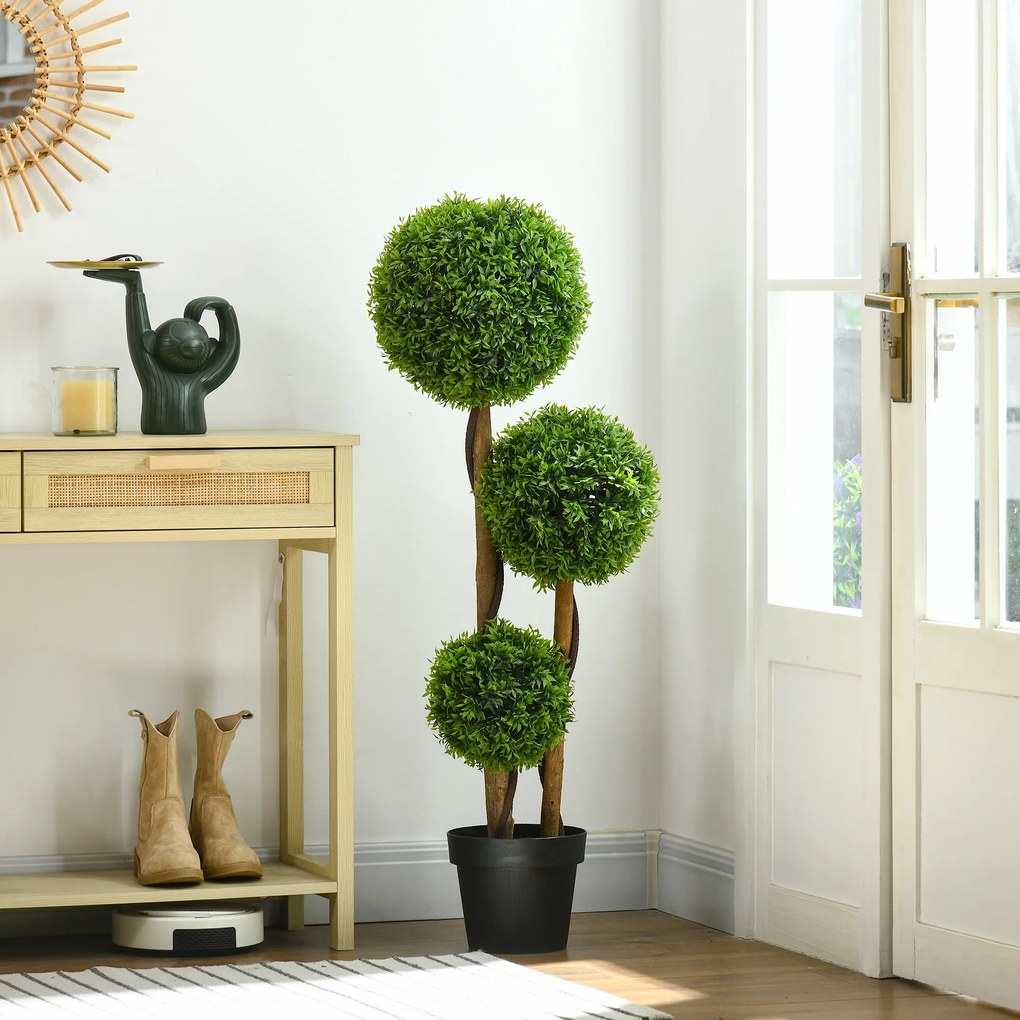 Árvore artificial de buxo altura 110 cm com 3 bolas de folhas de bambu, vaso incluído, para interior e exterior, verde