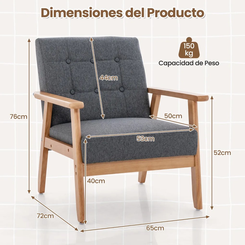 Poltrona Estofada Tecido de Linho Respirável e Estrutura de Madeira de Borracha Maciça Sofá Estofado 72 x 65 x 76 cm Cinzento