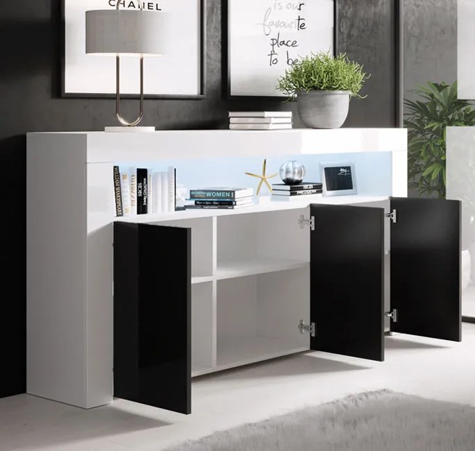 Aparador Alays – 155x37x91,5 cm – Branco e Preto Brilhante – 3 Portas