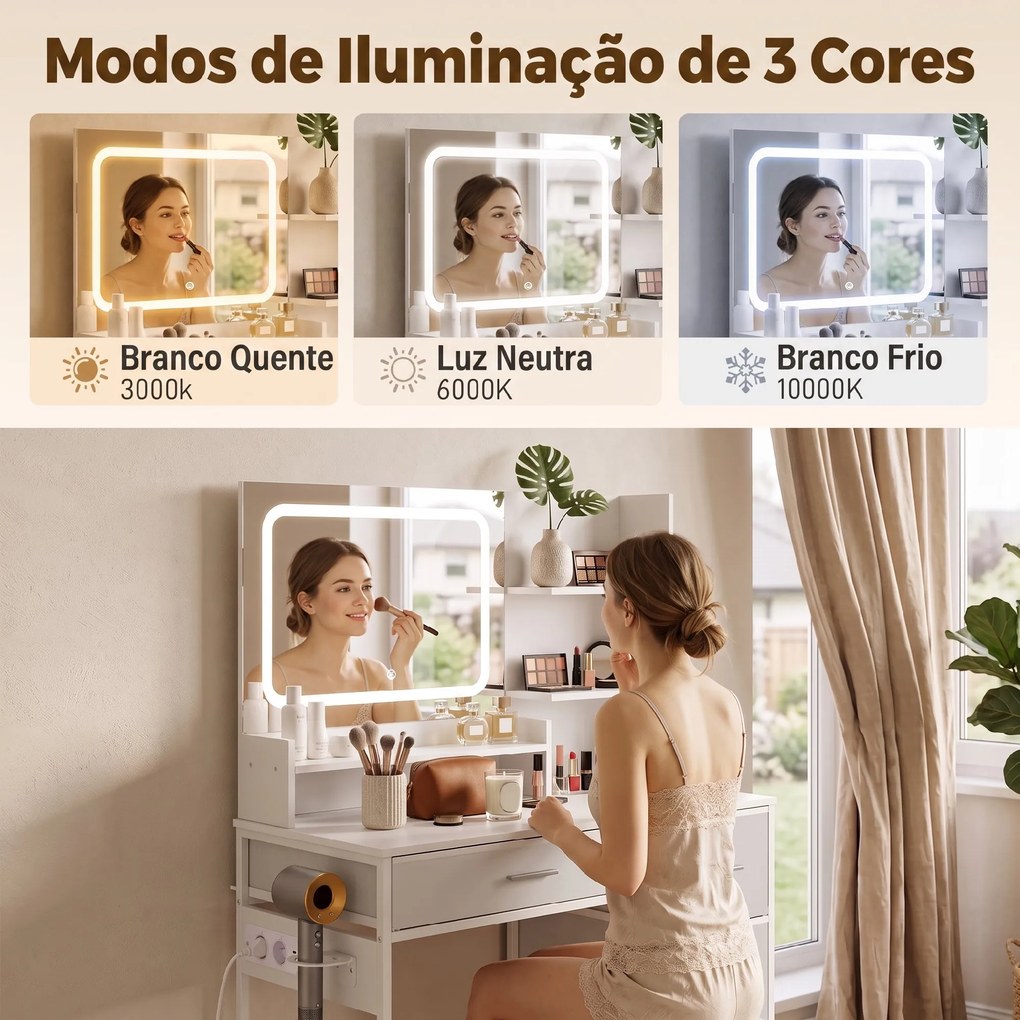 Penteadeira, toucador de Maquilhagem com Espelho LED 3 Tonalidades de Luz (BANCO NÃO INCLUIDO) Estação de Carregamento 4 Gavetas 5 Prateleiras Suporte
