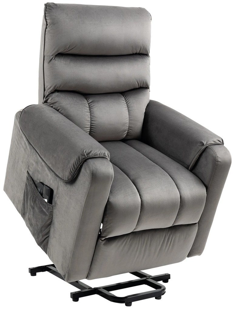 HOMCOM Poltrona Elevatória Massagem Elétrica com descanso para Os Pés Controle Remoto Revestimento Tecido Aspecto Veludo Cinza | Aosom Portugal