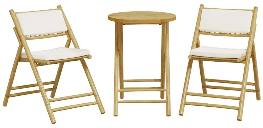 3 pcs conjunto bistrô dobrável c/ almofadões branco nata bambu