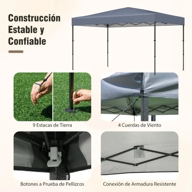 Tenda Pop Up, Jardim, Festas, eventos 360 x 220 x 240-270 cm com Bolsa de Transporte 9 Estacas 4 Cordas de Vento Cinzenta