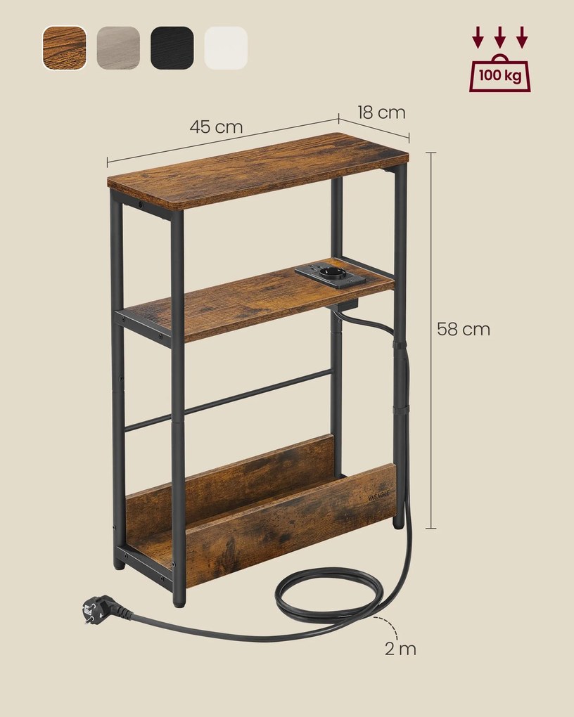 Mesa de cabeçeira ou Mesa de apoio, com 1 tomada e 2 portas USB e 3 prateleiras estreitas 18 x 45 x 58 cm Castanho vintage + Preto