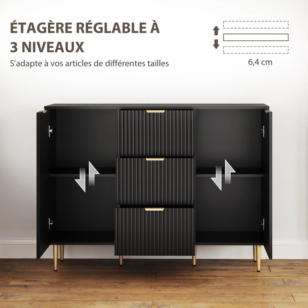 Aparador de sala ou cozinha com 3 gavetas 120 x 40 x 90 cm, prateleiras ajustáveis, armários com portas caneladas, preto