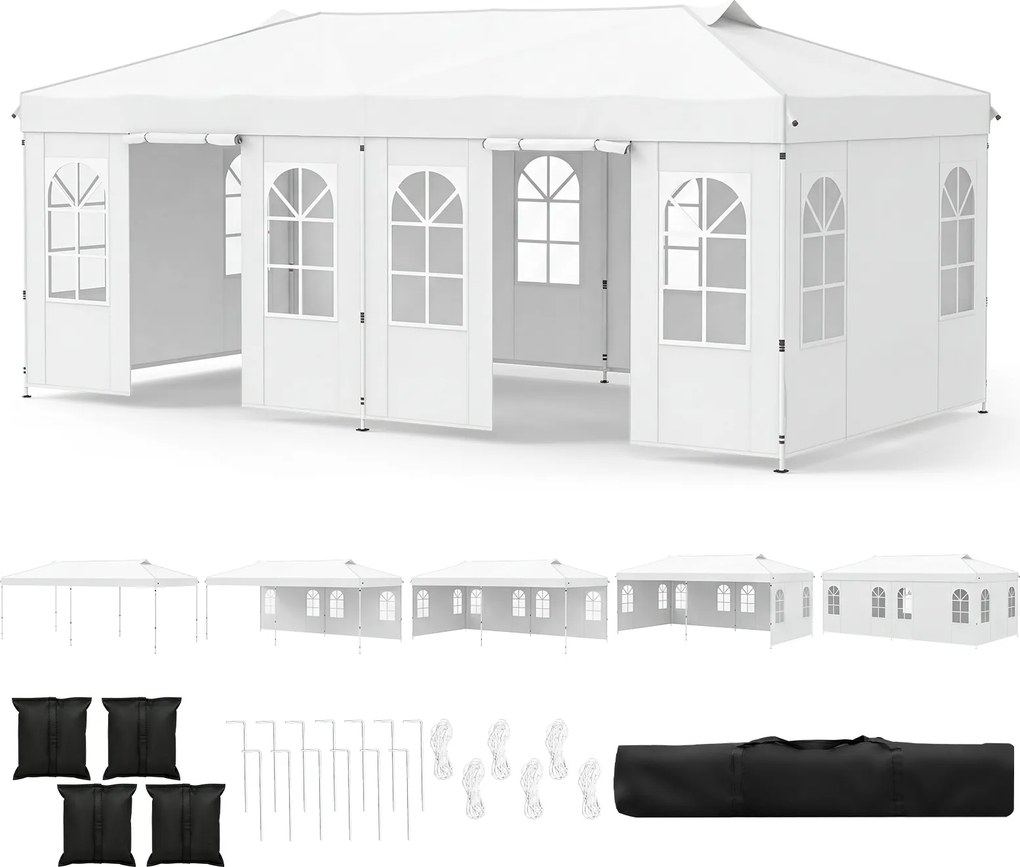 Tenda Dobrável para Exterior, 600 x 300 cm, Altura Ajustável em 3 Níveis, Branco