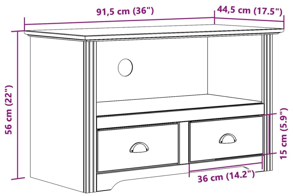 Armário TV c/ 2 gavetas BODO 91,5x44,5x56 cm pinho castanho