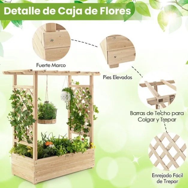 Floreira elevada com treliça para plantas em arco Furos de drenagem 100 x 44 x 113,5 cm Natural