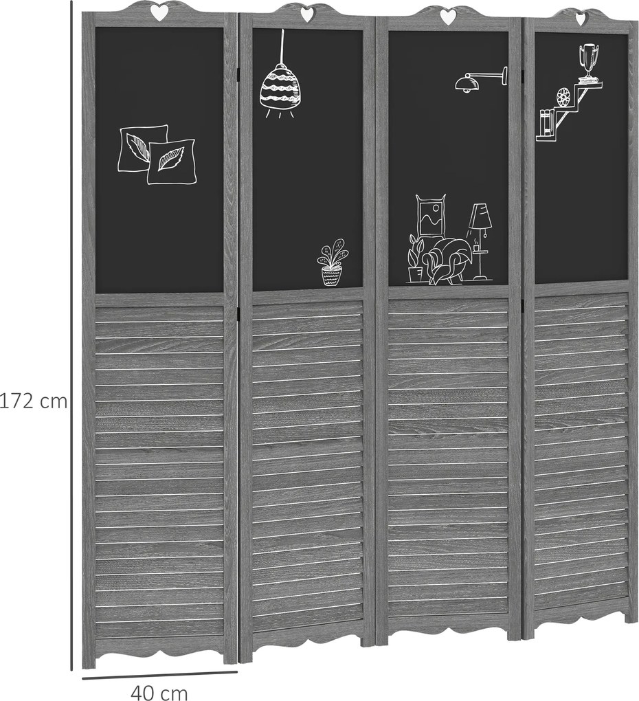 Biombo Separador de Ambientes Dobrável de 4 Painéis de Madeira com Quadros 162x172 cm Cinzento