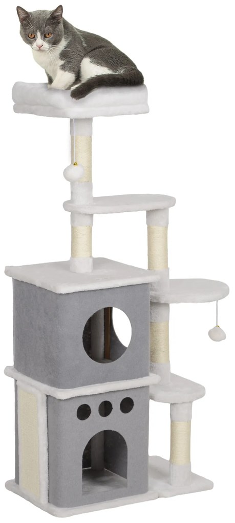 PawHut Arranhador Gatos 126 cm Caverna Plataformas Brincadeiras Poste Sisal Confortável 56x34x126 cm Cinza e Creme | Aosom Portugal