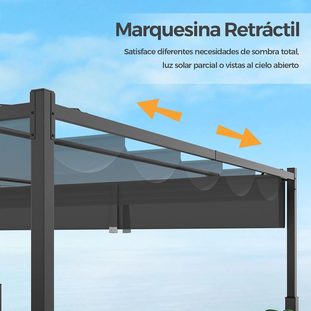 Pérgola exterior com toldo retrátil Colunas metálicas resistentes moderna jardim 310 x 310 cm Cinzento