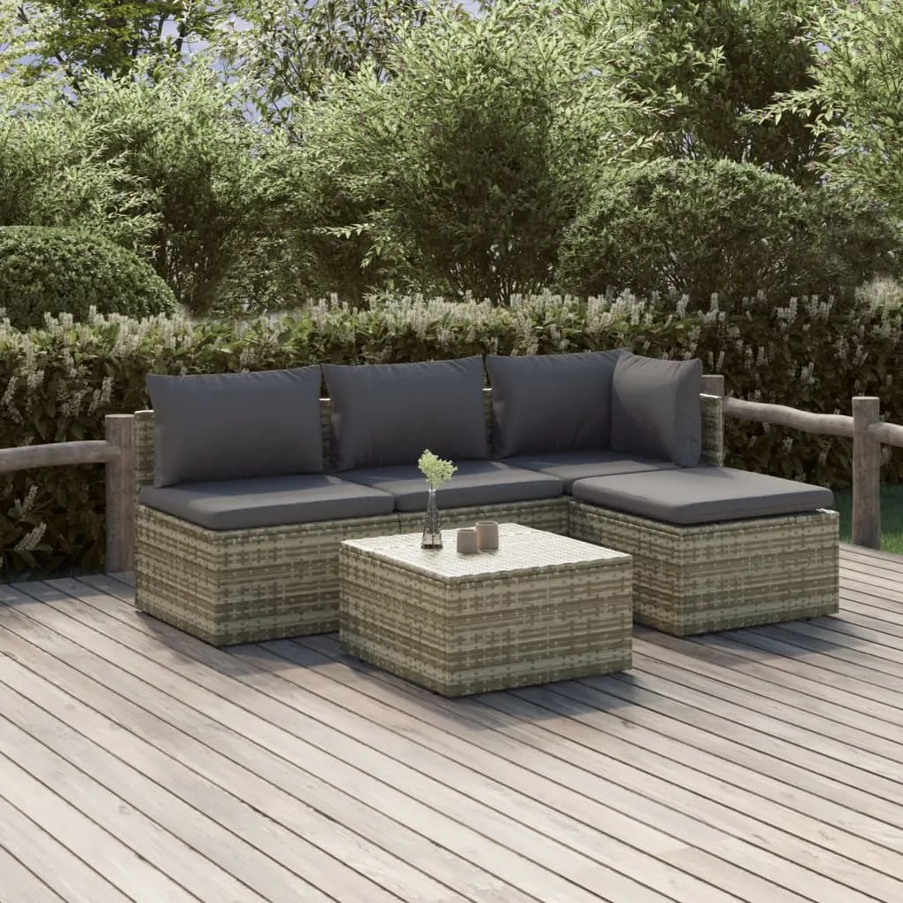 vidaXL 5 pcs conjunto lounge de jardim c/ almofadões vime PE cinzento