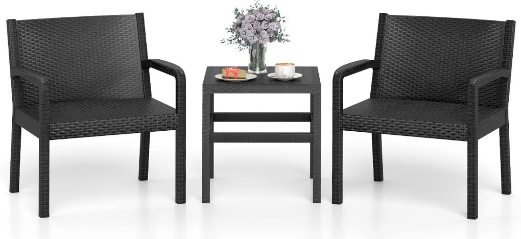 Conjunto de móveis de jardim de 3 peças com 2 cadeiras de rattan e mesa auxiliar de rattan PP preto