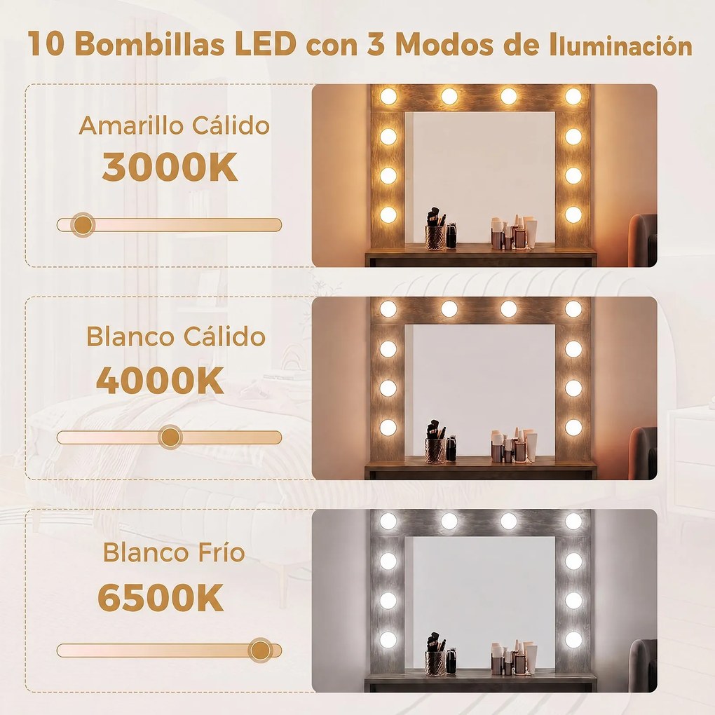 Toucador de Maquilhagem com Espelho LED, 66 x 40 x 136 cm, 3 Modos de Iluminação, Castanho+Preto
