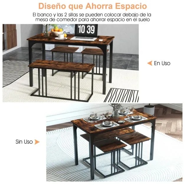 Conjunto de mesa de jantar de 4 peças com banco e 2 bancos com estrutura metálica Conjunto de móveis de cozinha industrial Castanho