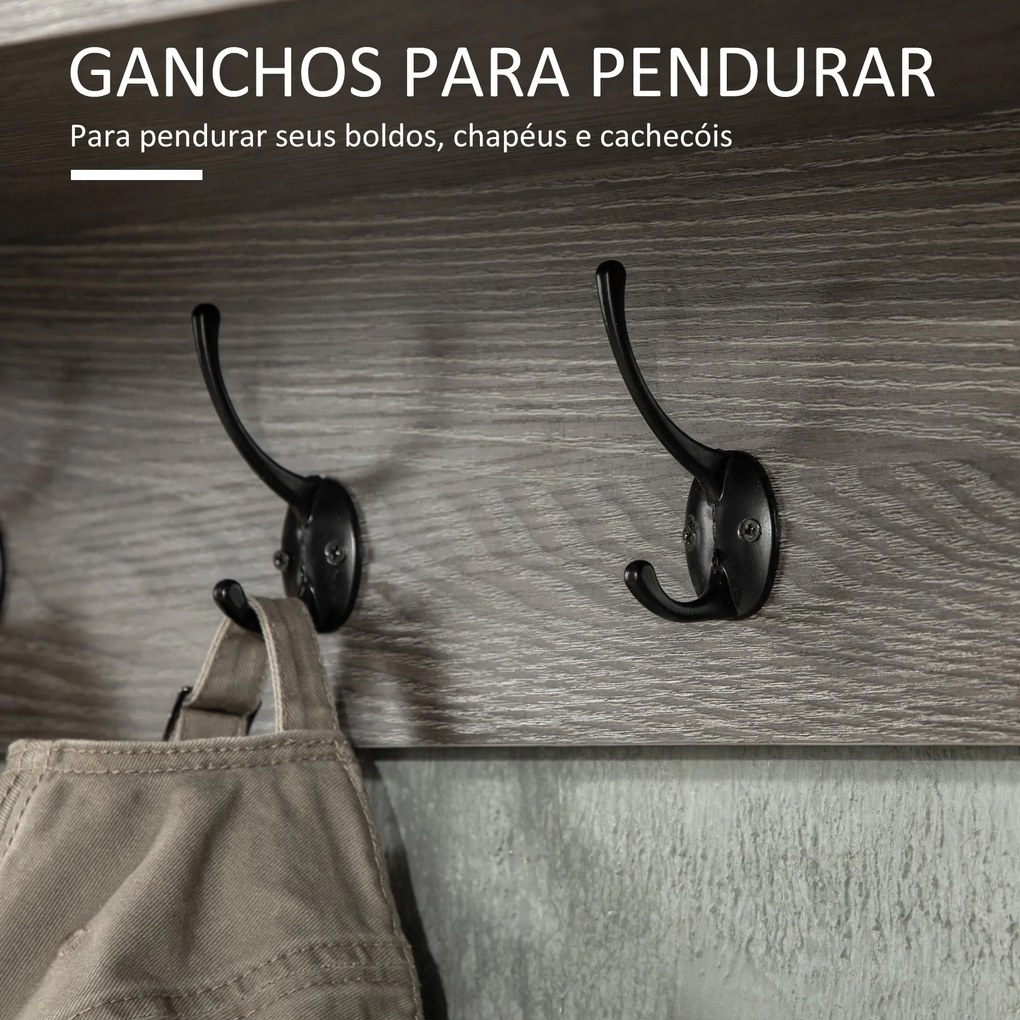Móvel Cabide de Entrada Prateleira Flutuante com 4 Ganchos e 3 Compartimentos para Roupas Bolsas para Corredor Entrada 80x24x35,5cm Cinza Escuro