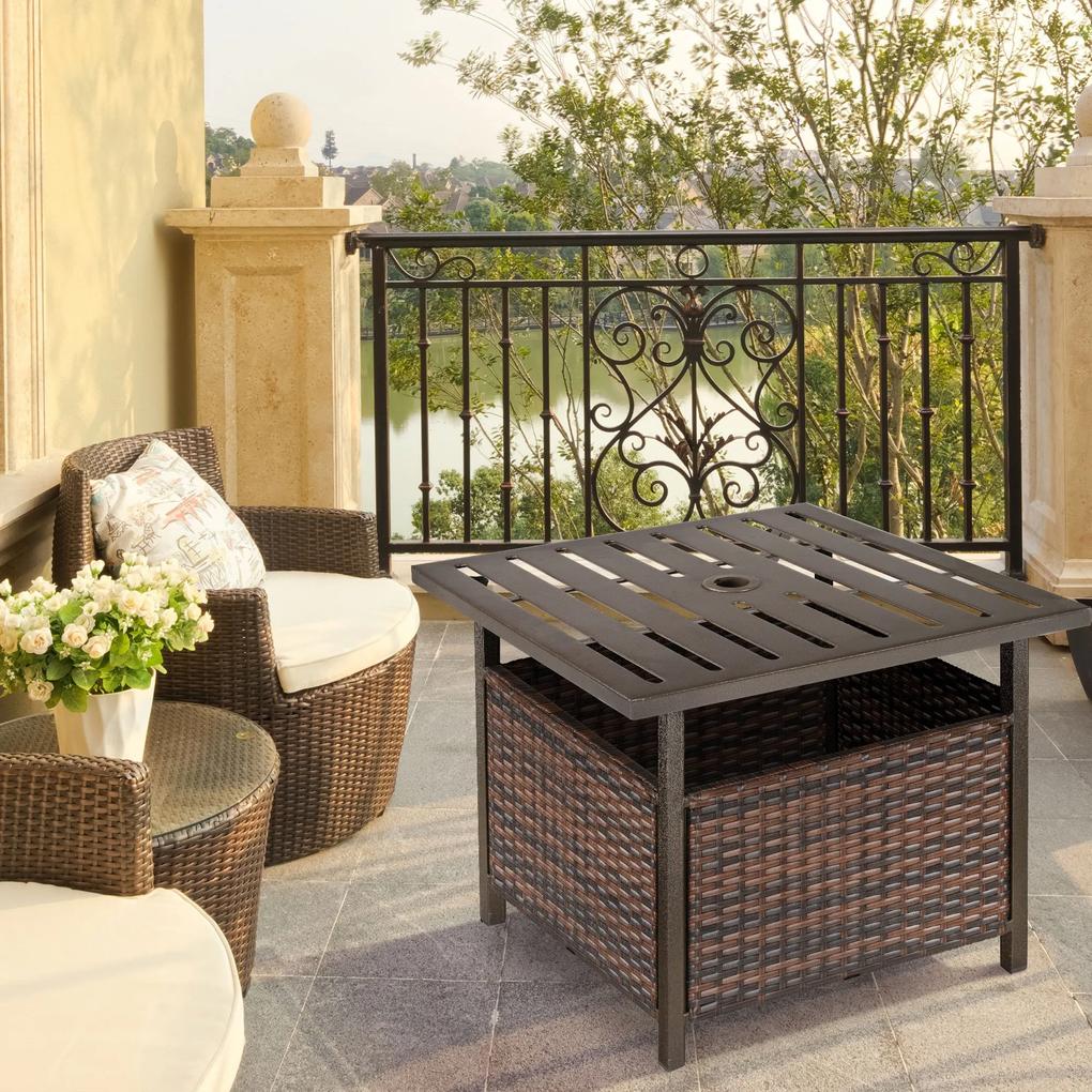 Outsunny 2 em 1 Base para guarda-sol com mesa lateral de vime em aço para terraço jardim Pátio 55,5x55,5x46 cm marrom