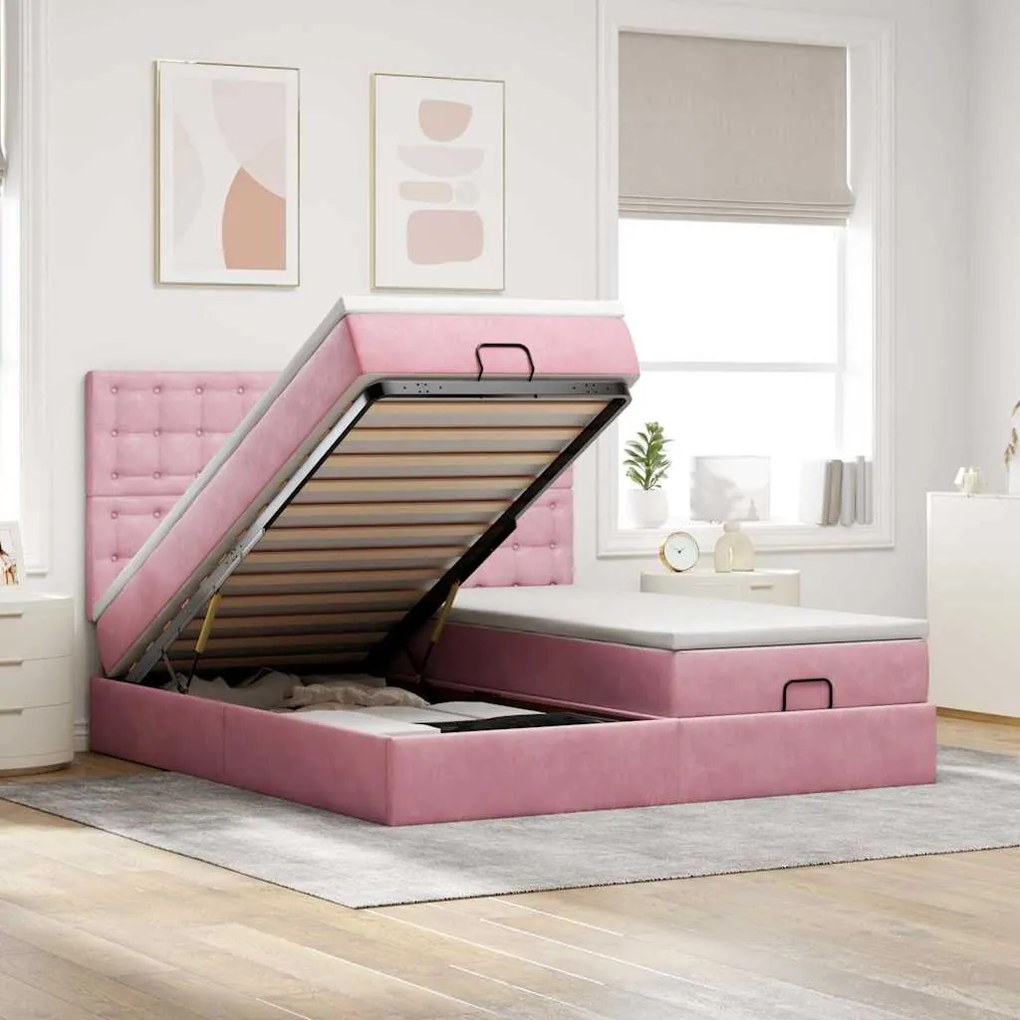 vidaXL Estrutura de cama otomana com colchões 160x200 cm veludo rosa