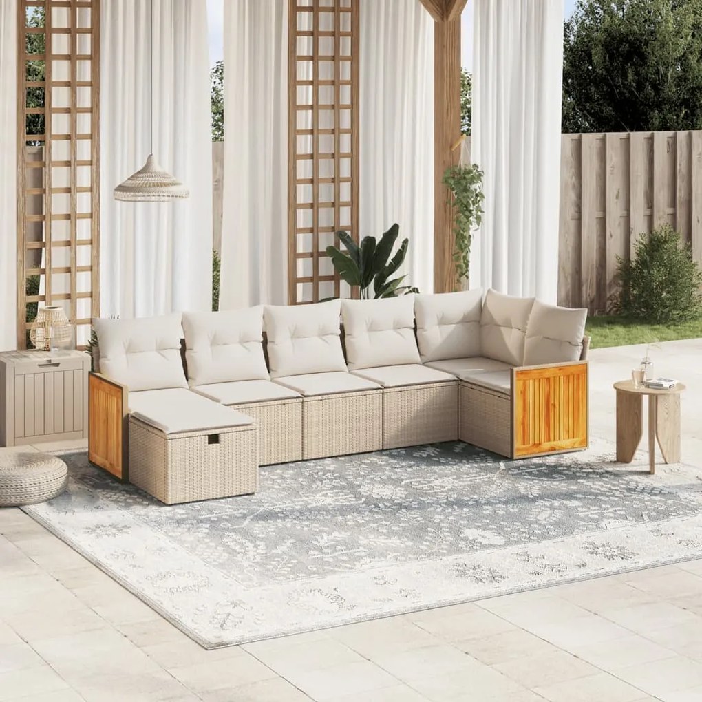 7 pcs conjunto de sofás p/ jardim com almofadões vime PE bege
