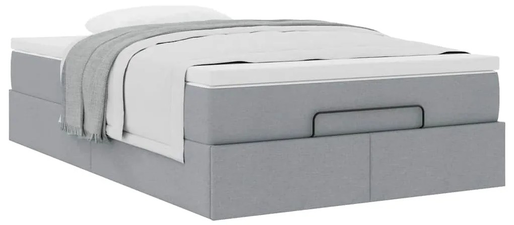 Estrutura de cama otomana com colchão cinza claro tecido