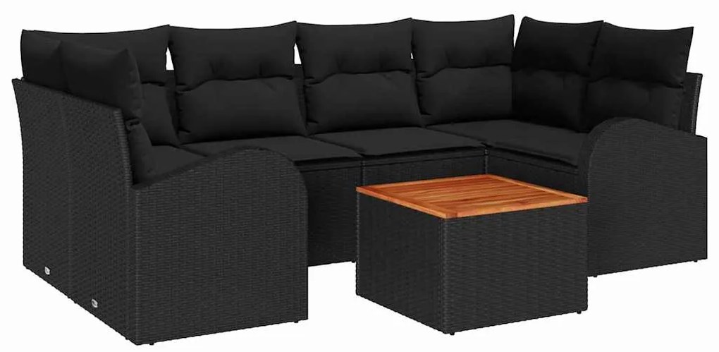 Conjunto de Sofá de Jardim de 7 Peças com Almofadas Preto Rattan Polié