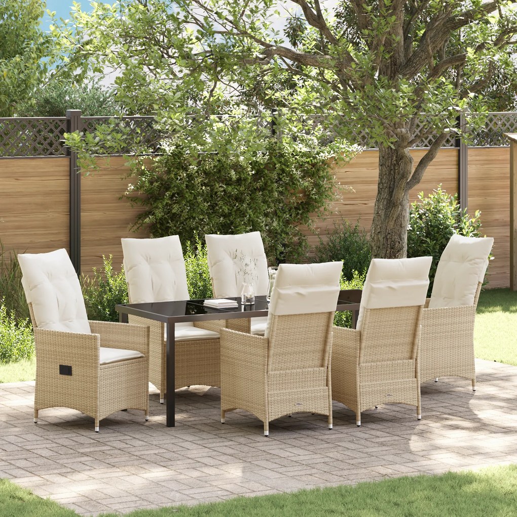 vidaXL Conjunto de Jantar de Jardim de 7 Peças com Almofadas Bege Rattan Poli
