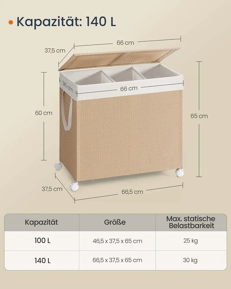 Cesto da roupa 140 L com 3 compartimentos e rodas bege natural-branco