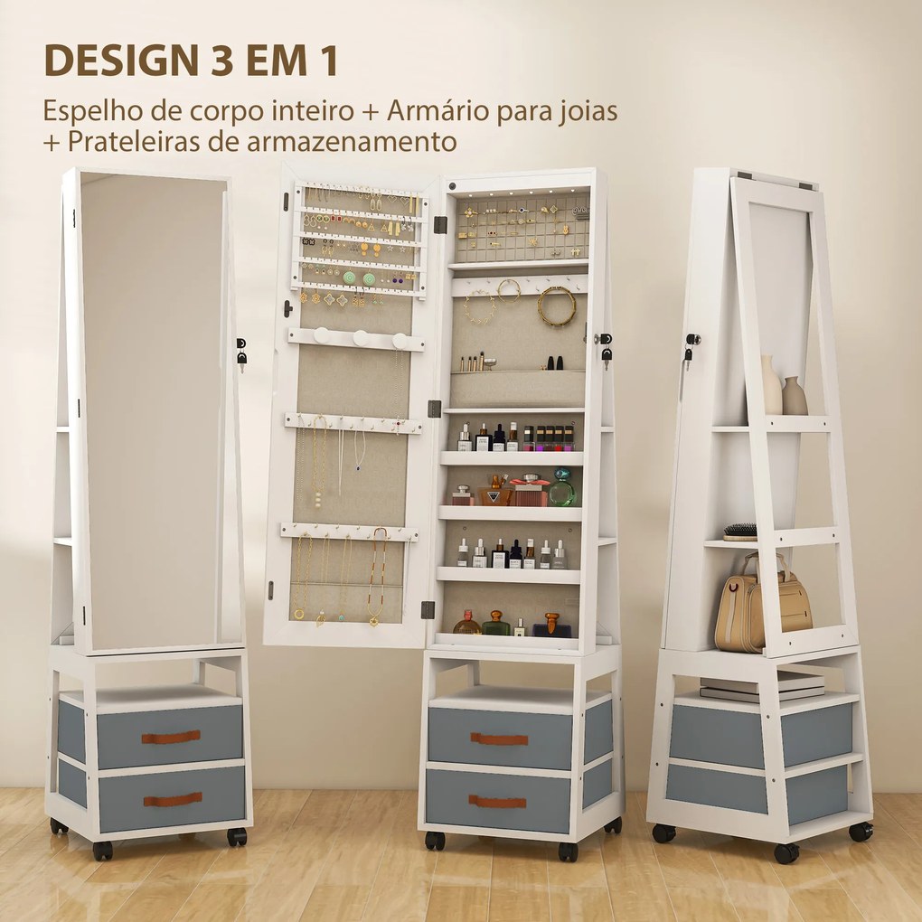 Espelho Armário de Jóias com Luzes LED Rodas Giratórias 360° Prateleiras Abertas Gavetas de Tecido Branco
