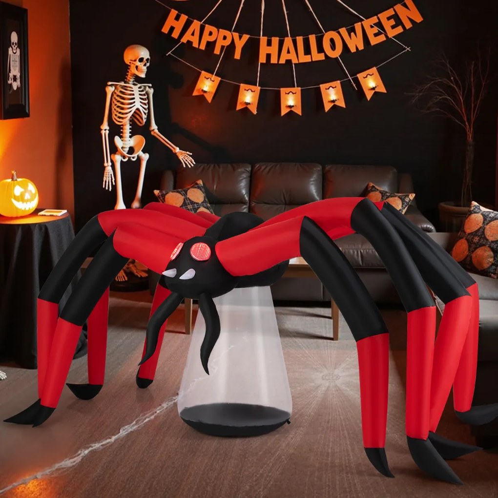 Aranha insuflável 313 cm gigante de Halloween com luzes LED impermeável para exterior com estacas e cordas Vermelho + Preto