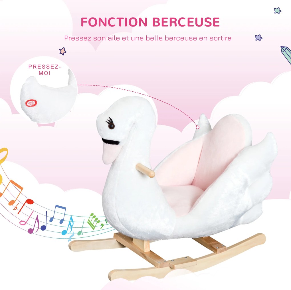 Cavalo de baloiço em forma de cisne para crianças a partir dos 18 meses, com função musical e pés em madeira - branco e rosa