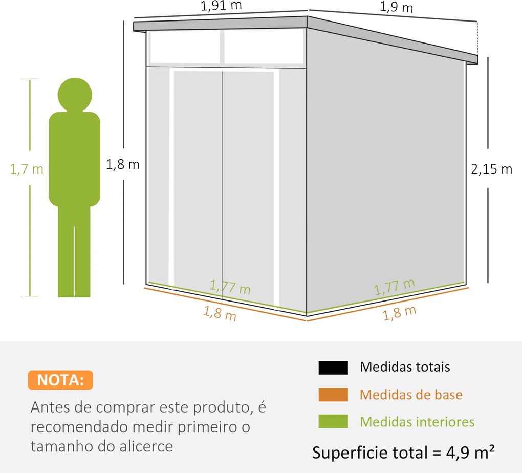 Abrigo de Jardim 3,24 m² 190x191x215 cm com Porta de Correr e Trinco Janela e Ventilação para Armazenamento de Ferramentas Cinza Claro