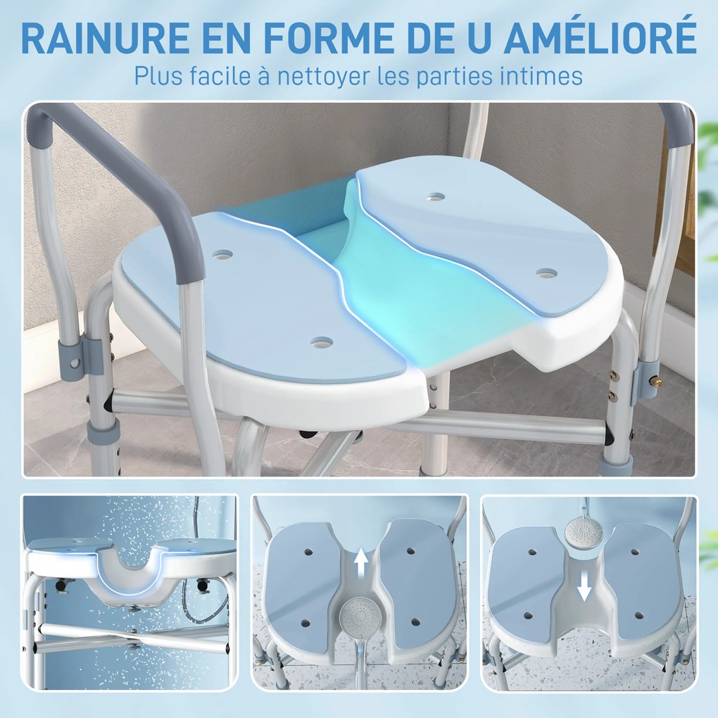 Cadeira de duche com braços 53 x 36 x 64-75 cm, assento em forma de U, altura ajustável, antiderrapante, azul claro
