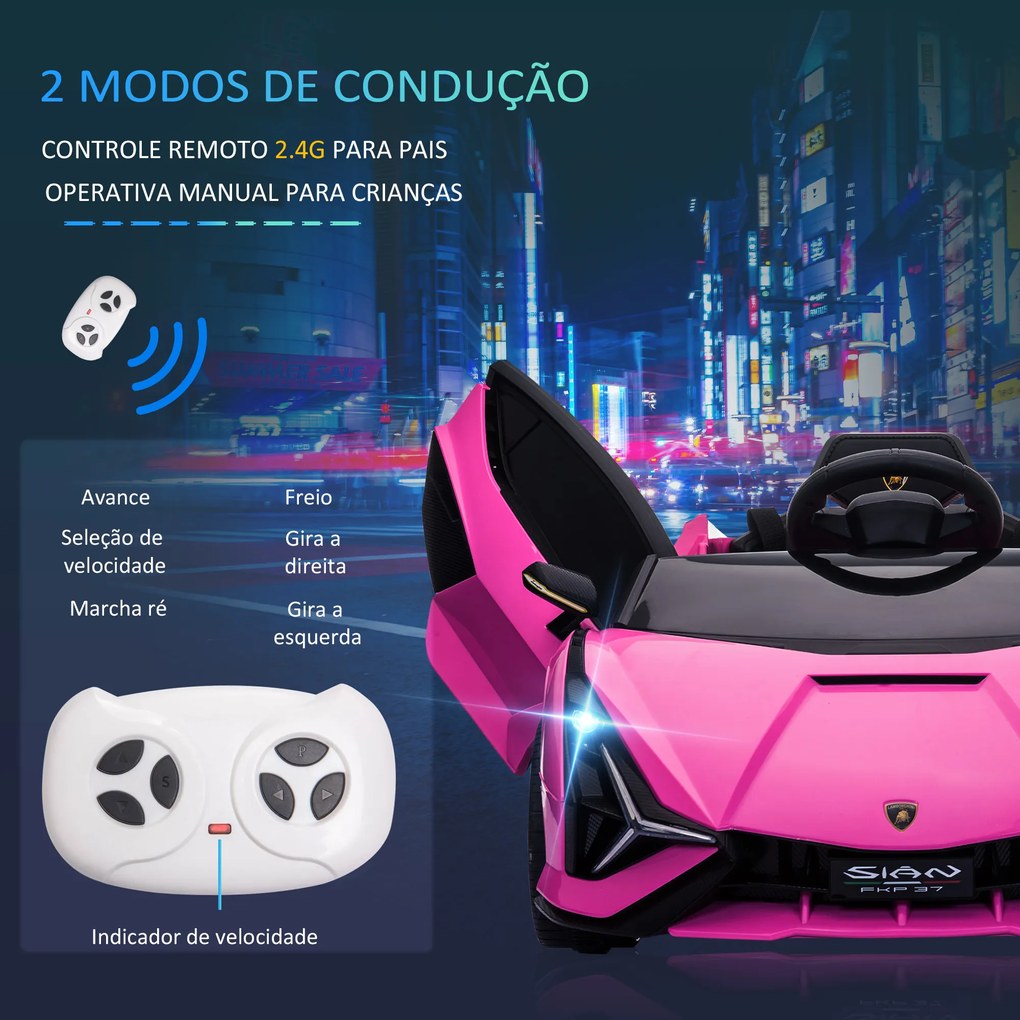 Carro Elétrico Lamborghini SIAN 12V para Crianças de 3-8 anos com Controlo Remoto Abertura da Porta Música MP3 USB e Faróis 108x62x40cm Rosa