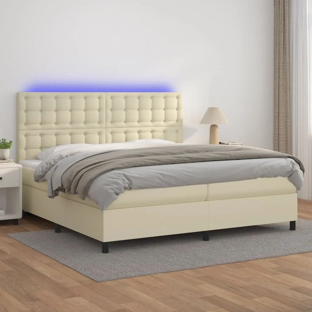 vidaXL Cama box spring c/ colchão/LED 200x200cm couro artificial creme