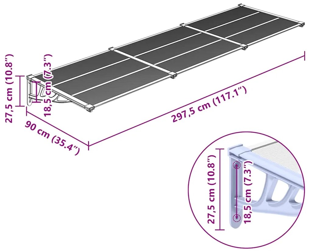 Toldo para porta 297,5x90cm policarbonato cinzento/transparente