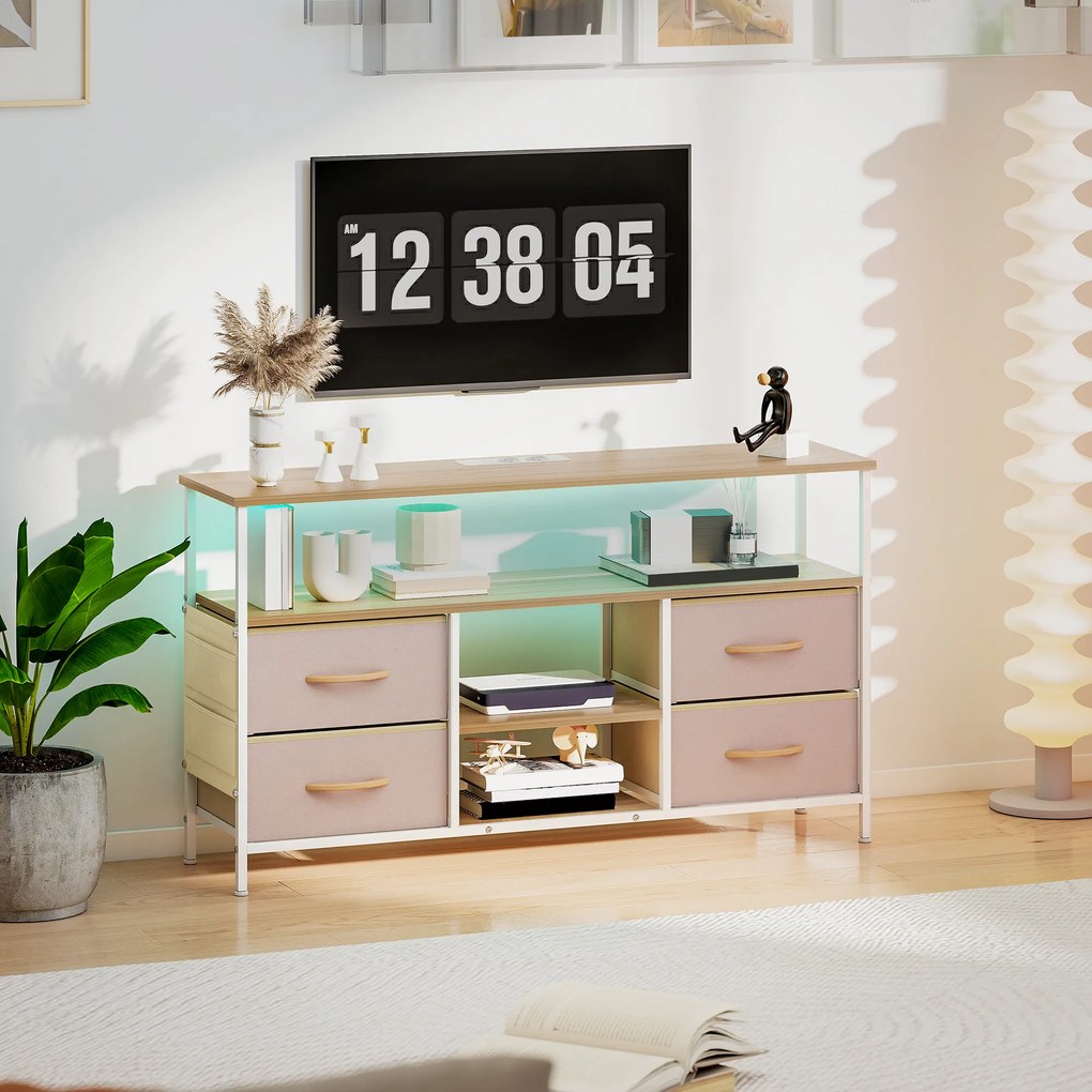 Móvel de TV com Luz LED Tomadas Portas USB 4 Gavetas de Tecido para Televisão até 50 Polegadas 120x30x67,5 cm Bege e Madeira