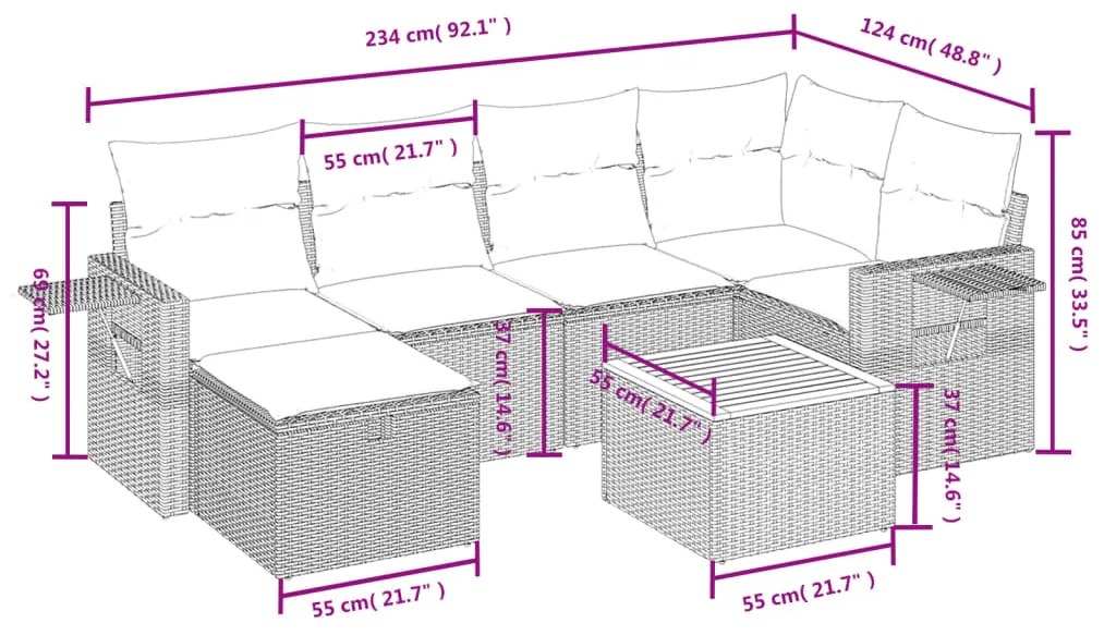 7 pcs conjunto sofás p/ jardim c/ almofadões vime PE cinzento