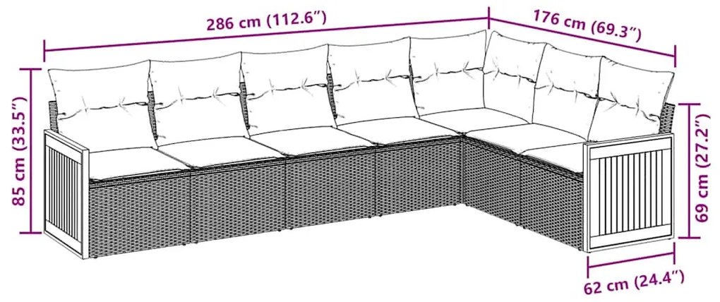 7 pcs conjunto de sofás p/ jardim c/ almofadões vime PE preto