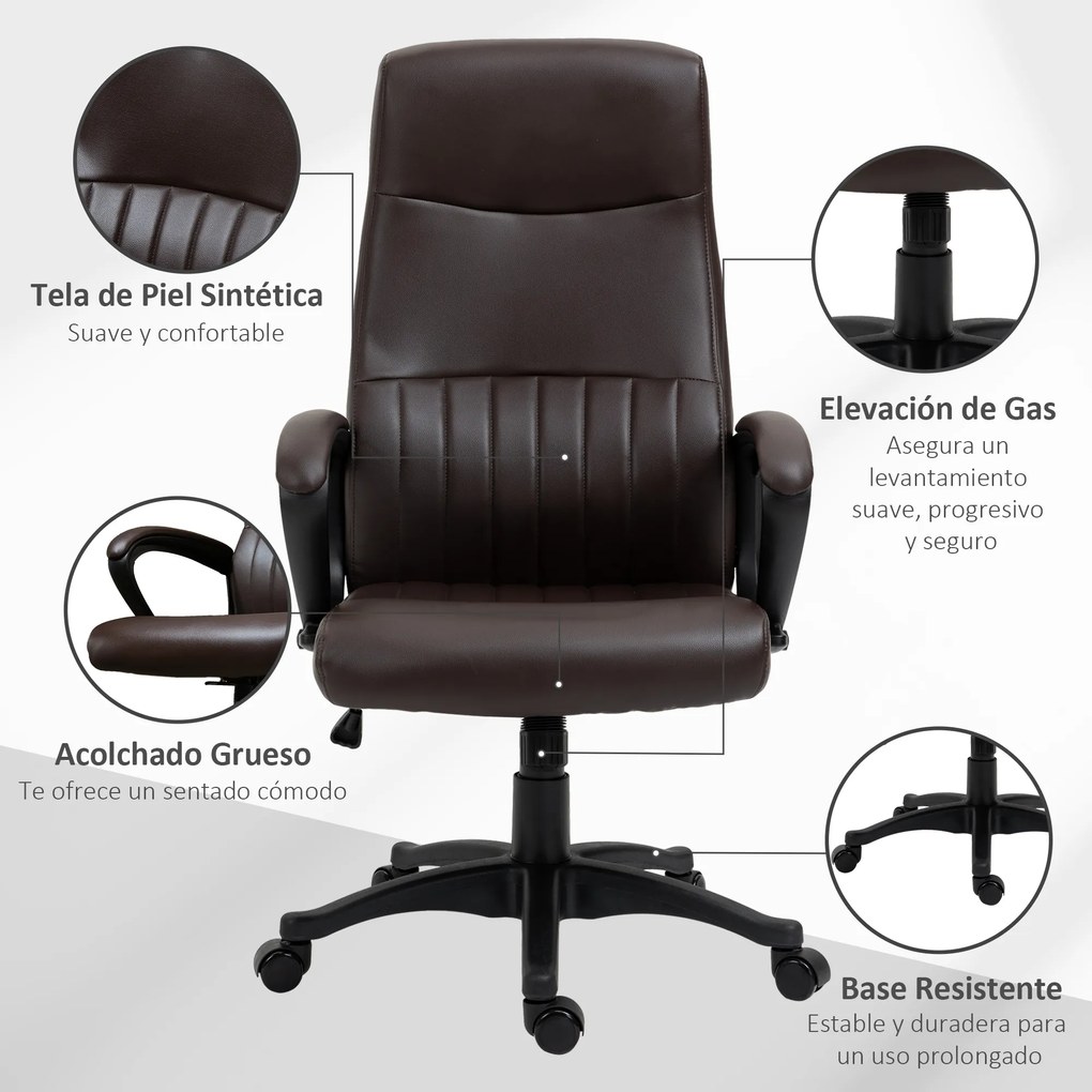 Vinsetto Cadeira de Escritório Ergonômica Cadeira de Escritório Basculante e Giratória 360° com Altura Ajustável Encosto Alto e Apoio para os Braços Pele Sintética 61,5x66x113-123cm Marrom