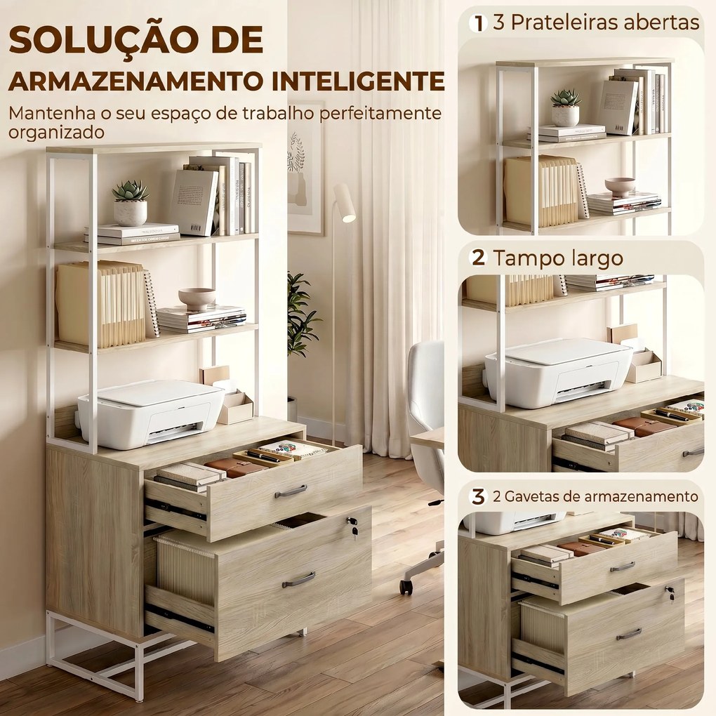 Arquivador com Prateleiras Móvel de Escritório com Prateleiras Gaveta para Arquivos A4 e Carta e Suporte para Impressora 70x40x157 cm Carvalho