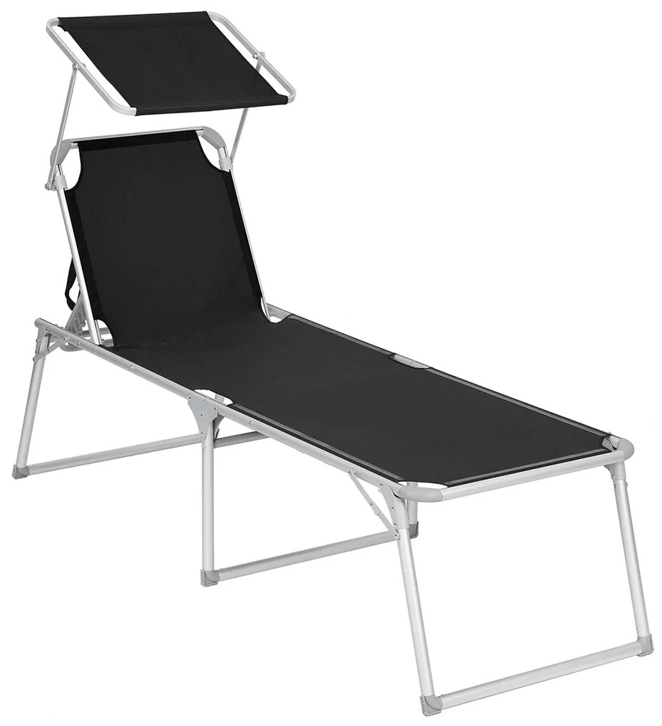 Espreguiçadeira jardim grande XXL 65 x 200 x 48 cm carga até 150 kg com pala de sol Preta
