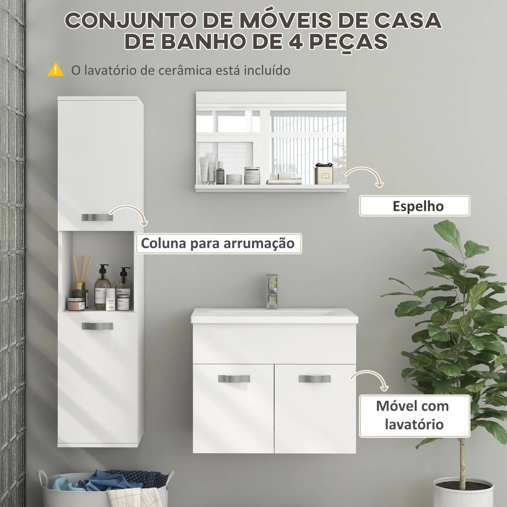 Conjunto de Móveis Casa de Banho 3 Peças com Espelho com Prateleira Móvel com Lavatório Cerâmico e Coluna de Casa de Banho