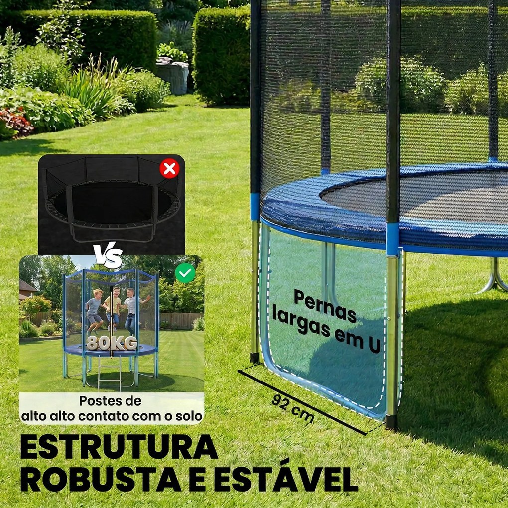 Trampolim Exterior Ø183 cm Trampolim para Crianças com Rede de Segurança Escada e Acolchoamento de Molas Azul