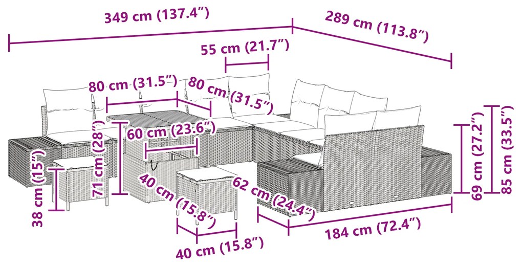 Conjunto de Sofás de Jardim vidaXL com 13 peças e Almofadas Preto Ratt
