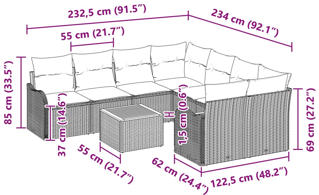 Conjunto de Sofá de Jardim vidaXL com 9 Peças e Almofadas Bege Rattan